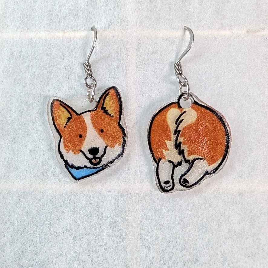 Corgi Butts Earrings: Red and White, Blue Bandana