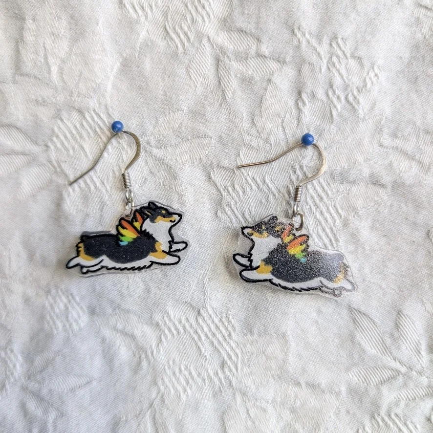 Faerie Corgi Earrings: Black Headed Tri