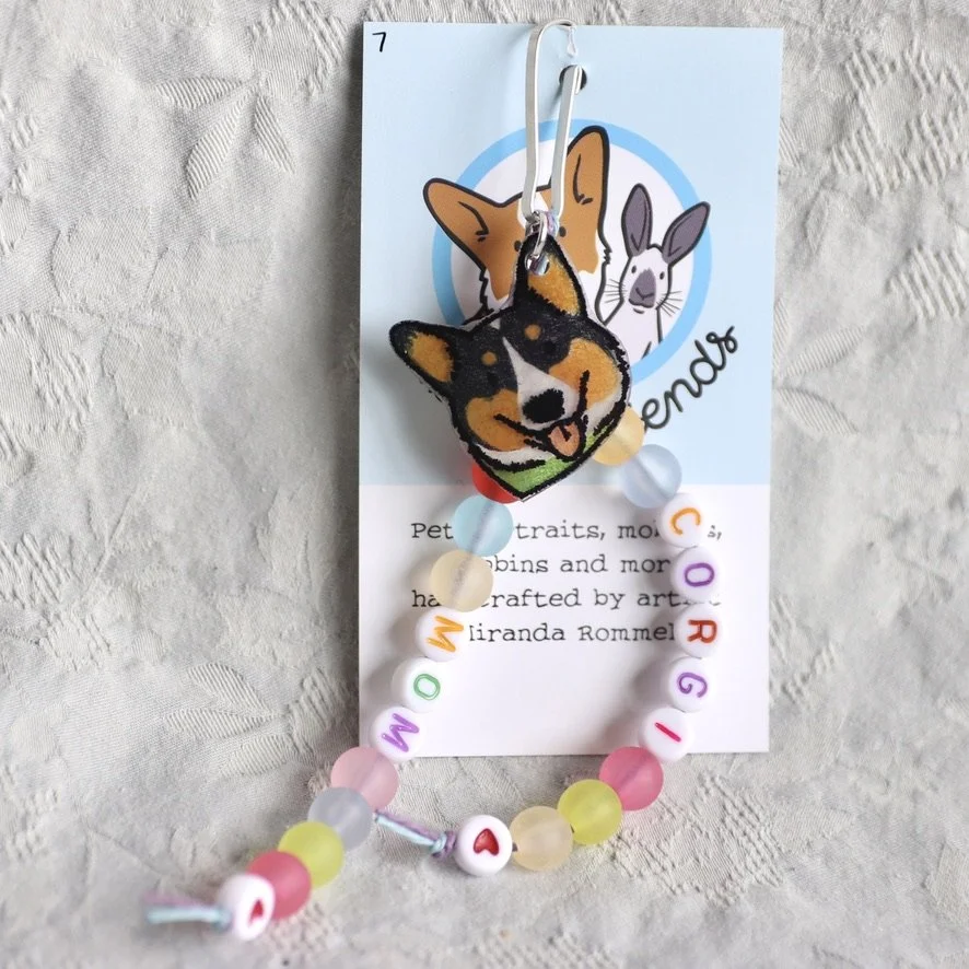 Corgi Mom Bag Charm - Black Headed Tri, Green Bandana