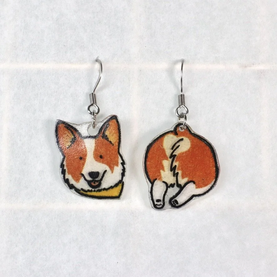 Corgi Butts Earrings: Red and White, Yellow Bandana