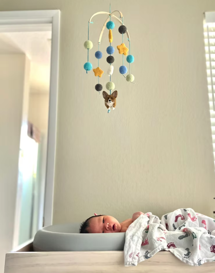 A baby lying in a crib with a hanging mobile above. The mobile has colorful felt shapes and a dog face.