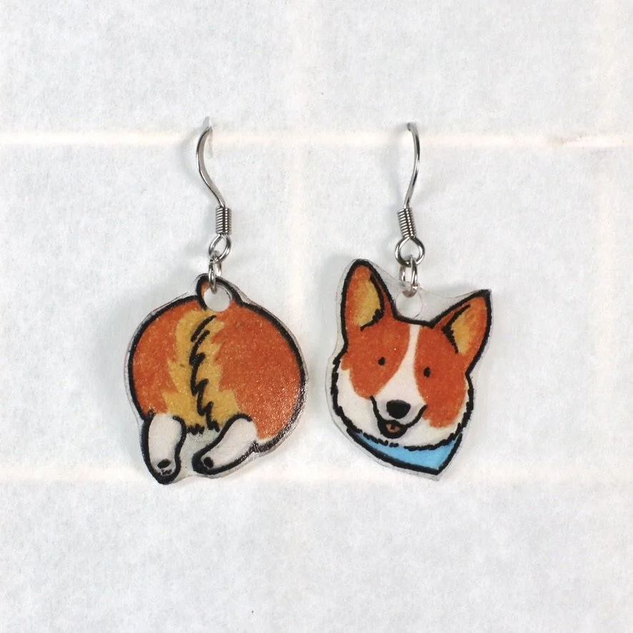Corgi Butts Earrings: Red and White, Blue Bandana