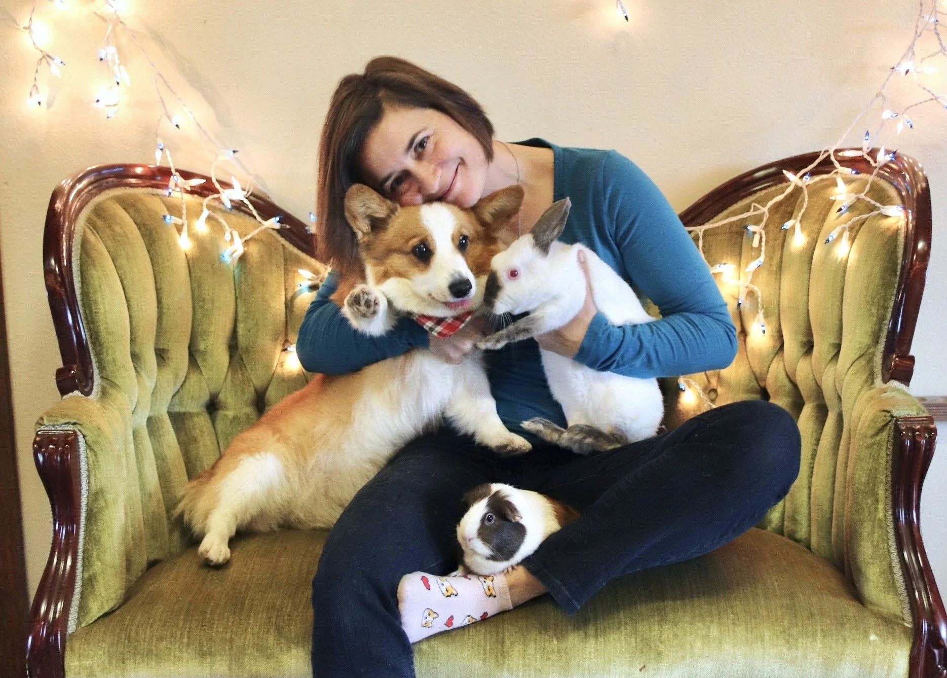 A woman with short brown hair sitting on a green vintage sofa decorated with Christmas lights, holding a dog, rabbit and guinea pig, and smiling at the camera.