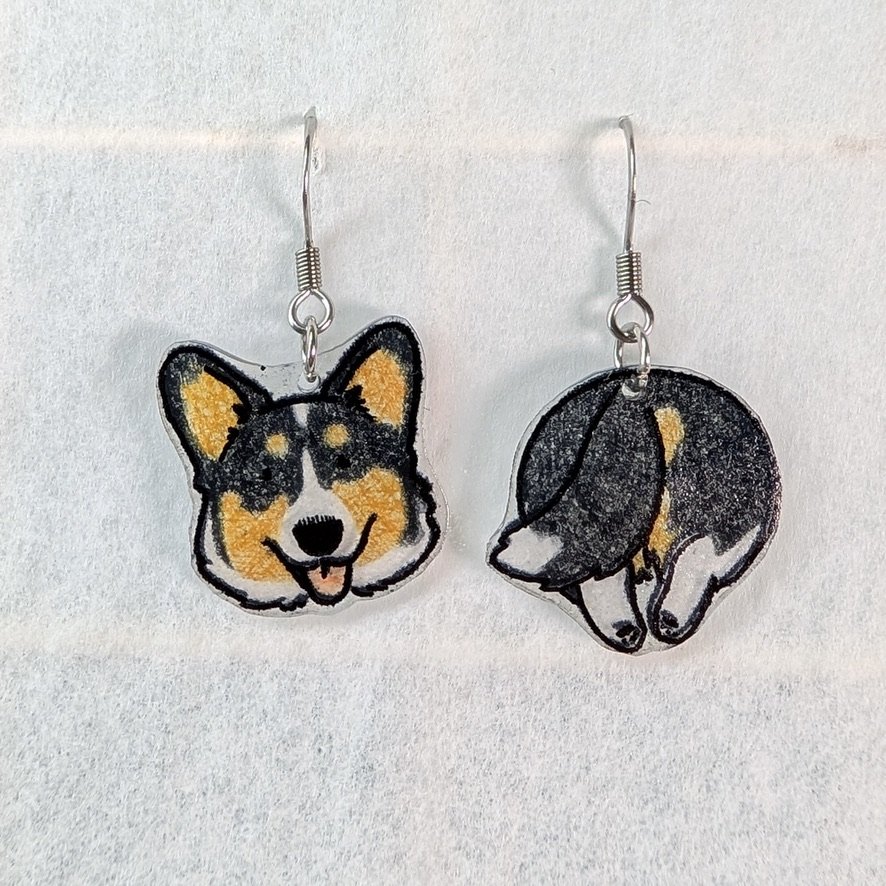 Corgi Butts Earrings:  Black Headed Tri Cardigan