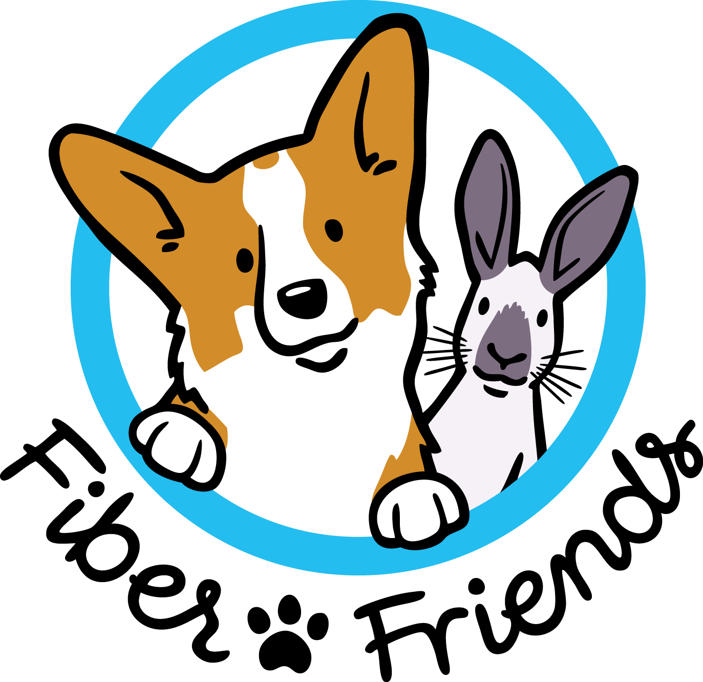 Illustration of a dog and a rabbit inside a circular border.