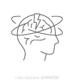 Skravert tegning av et hode med en hjerne, omgitt av elektriske lyn og baner som symboliserer tanker eller mental aktivitet.