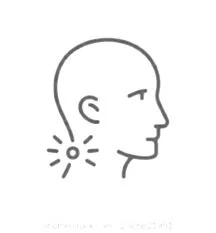 En enkel tegning av en persons sideprofil med fokus på nakken og hodet, som viser smerte eller ubehag i nakkeområdet.