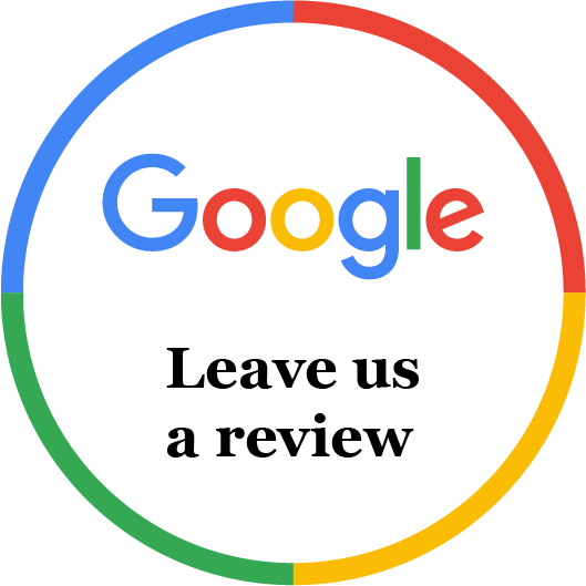 Google logo inside a multicolored circle with red, blue, green, and yellow segments. It also says Leave us a review.