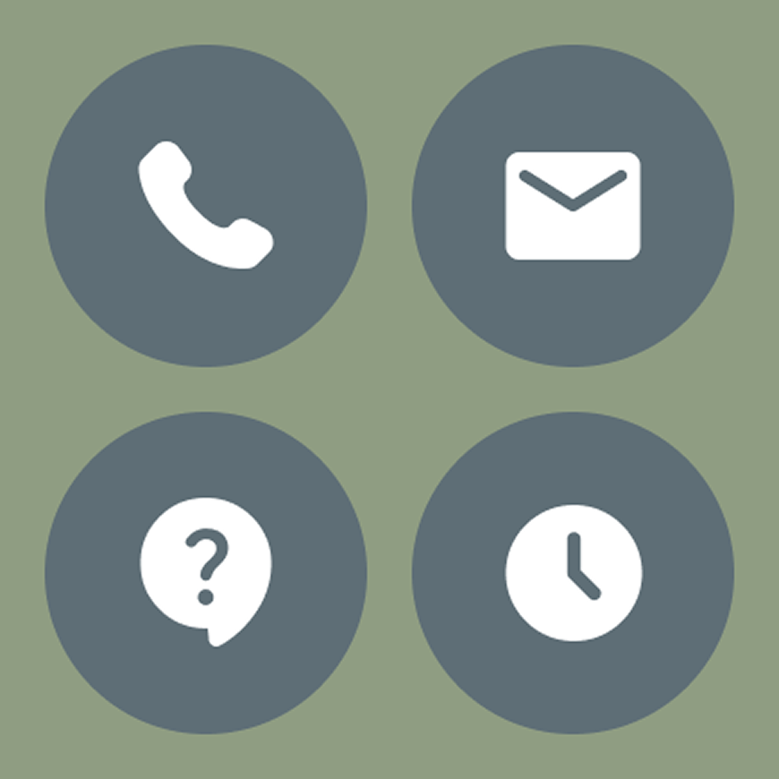 Icons including a phone, email, question mark, and clock on a green background.