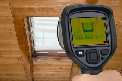 Handheld thermal imaging camera pointed at a ceiling vent in a wooden room.