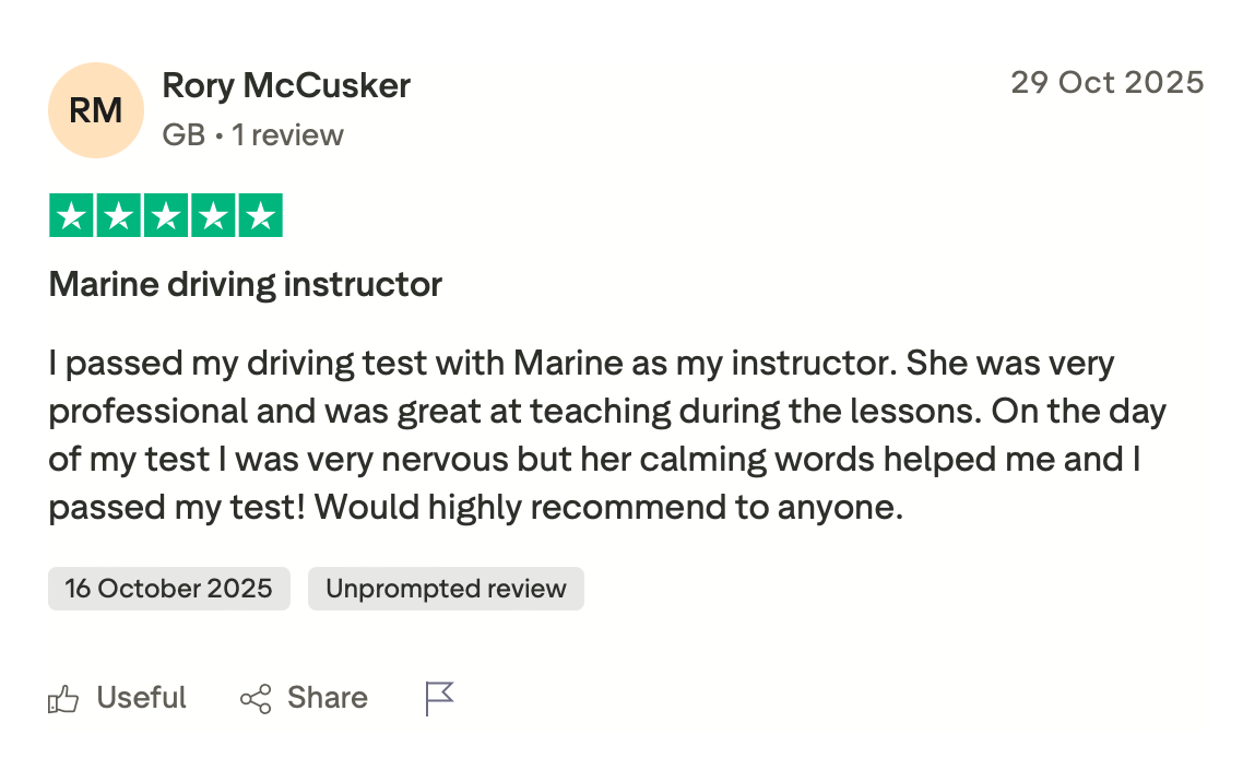 Customer review for Marine driving instructor, praising her professionalism and helpfulness, with a 5-star rating.