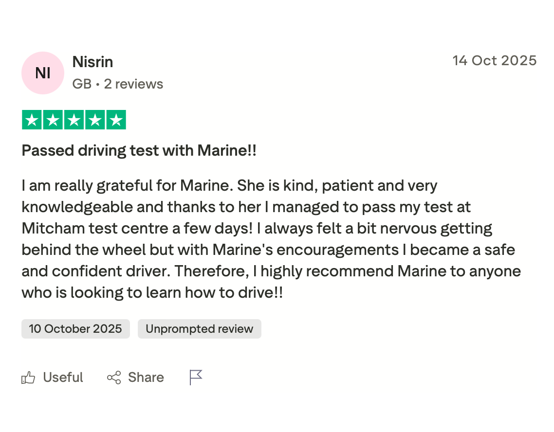 Customer review for Nisin driving test with Marine, praising her kindness, patience, knowledge, encouragement, and recommending her for learning to drive.