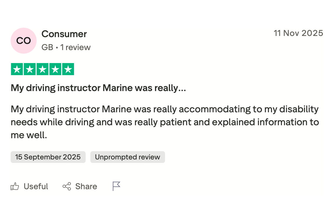 A customer review page showing a five-star rating, a positive review about a driving instructor named Marine, and review details including date and helpfulness options.