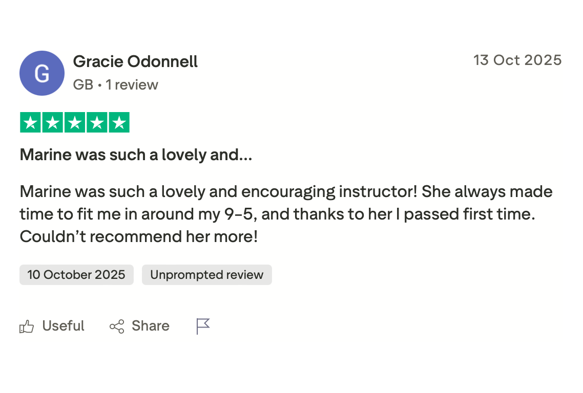 Online review with five-star rating for a fitness instructor named Marine, praising her encouraging attitude and flexibility in scheduling.