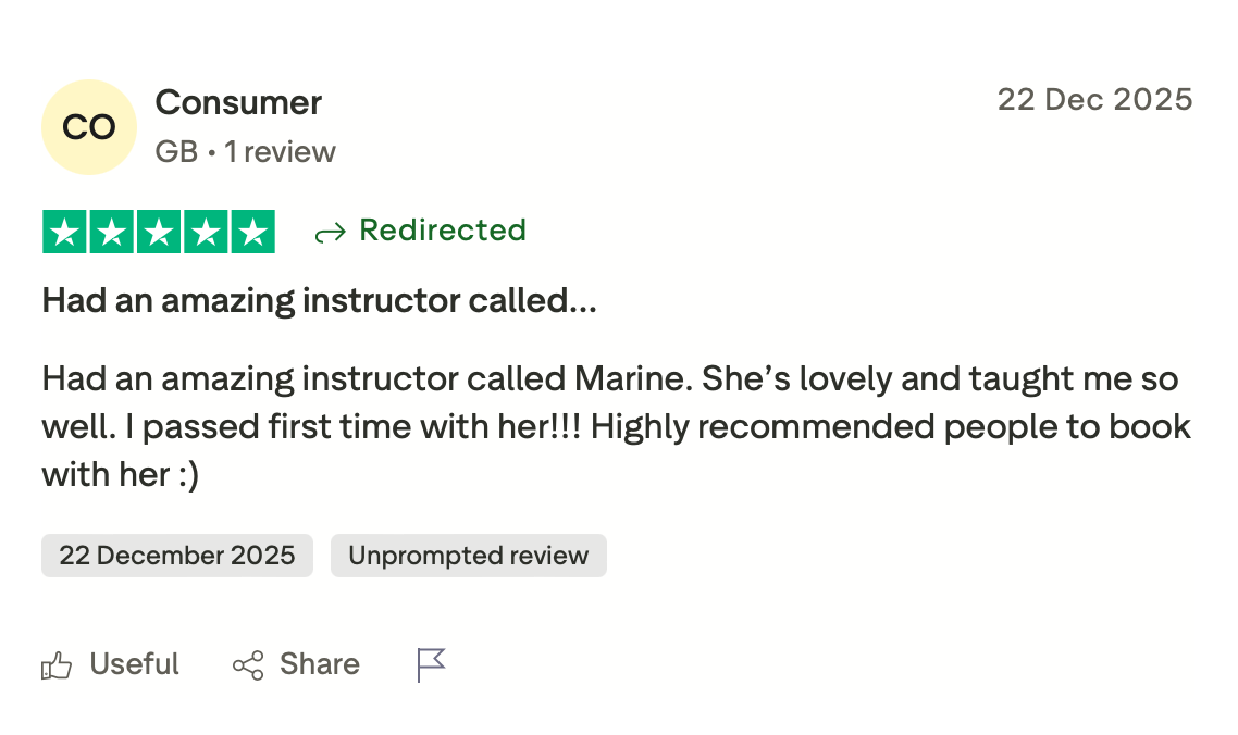 Screenshot of a positive product review by a consumer praising instructor Marine for her teaching and friendliness.