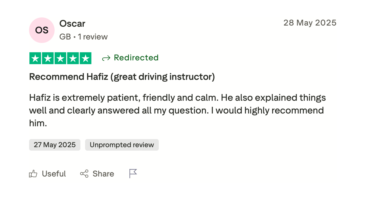 Online review for Hafiz driving instructor, praising his patience, friendliness, and clear explanations, with a 5-star rating.