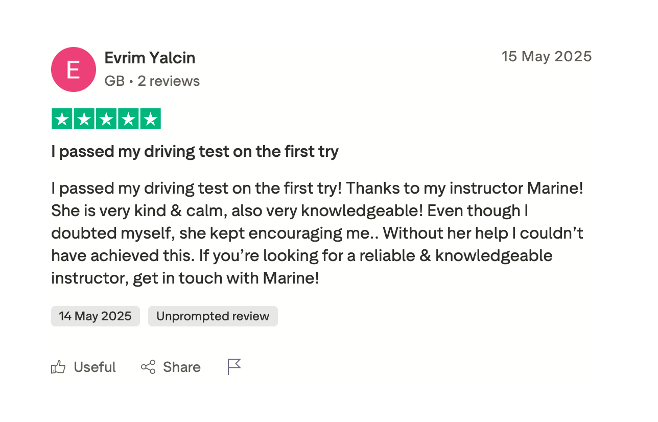 Review of a driving instructor named Marine by Evrym Yalcin, praising her kindness, calmness, and knowledge, with a five-star rating and positive comments about passing a driving test on the first try.