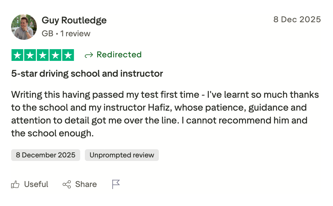 Customer review for a driving school, 5 stars, written by Guy Routledge, dated December 8, 2025.