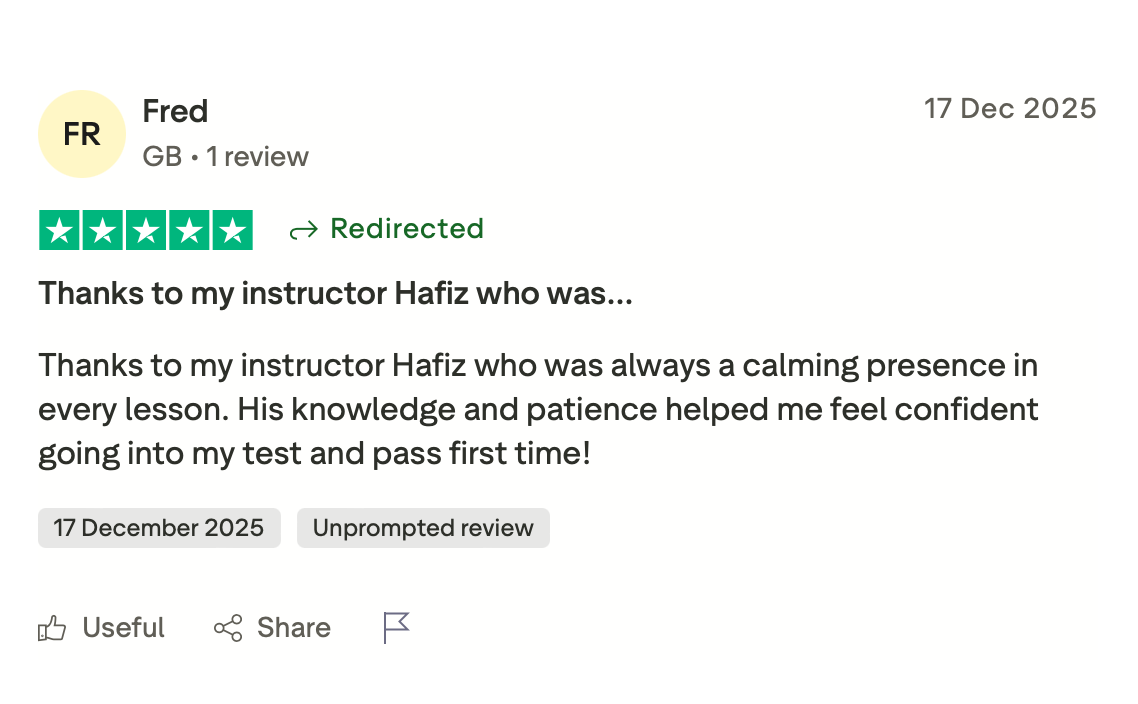 Customer review praising instructor Hafiz for his calming presence, knowledge, and patience, which helped the customer pass a test on the first attempt.