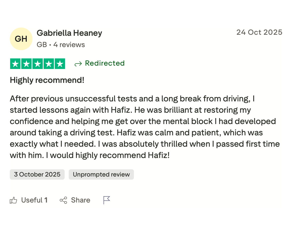 Screenshot of a 5-star review by Gabriella Heaney for a driving instructor named Hafiz, expressing high satisfaction with his calm and patient teaching style, dated October 24, 2025.