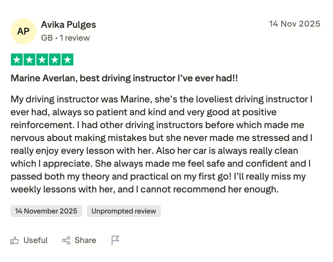 Review of a driving instructor named Marine, praising her patience, kindness, and professionalism.
