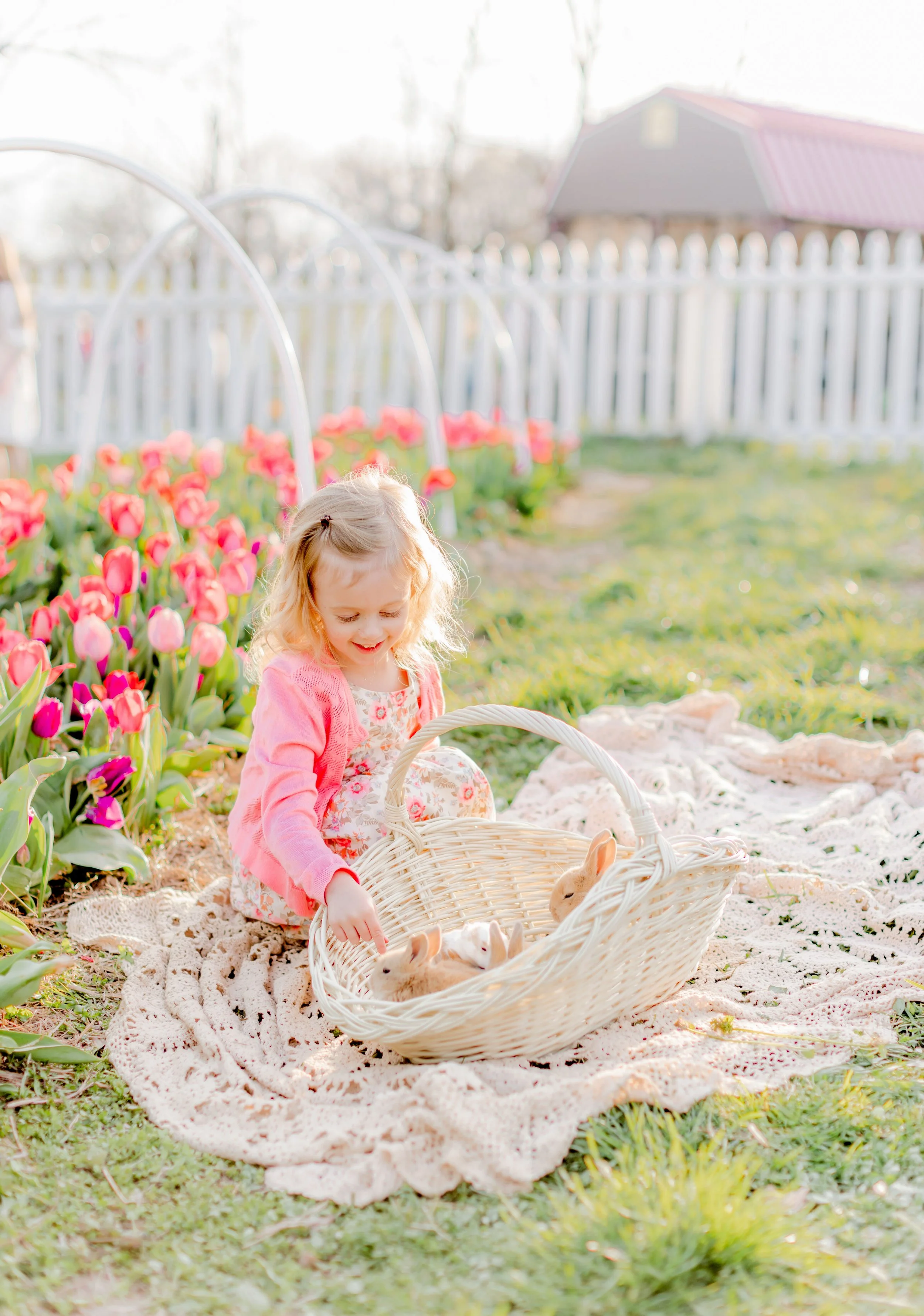 A young girl in a pink cardigan and floral dress sits on a lace blanket in a garden, holding a small bunny rabbit from a white wicker basket, with tulips and a white picket fence in the background.