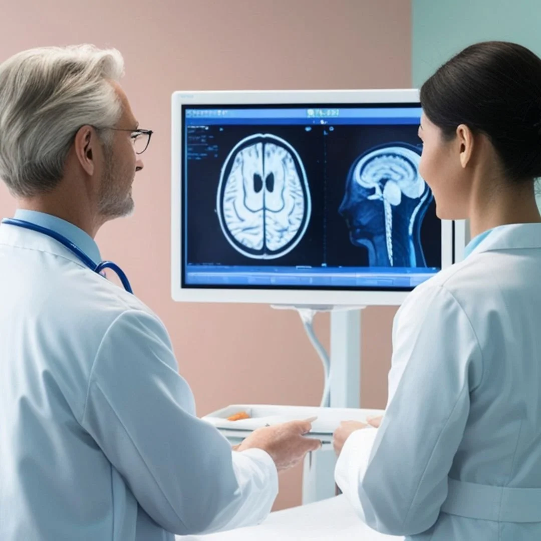 Two doctors, a man with gray hair and glasses, and a woman with dark hair, look at brain MRI scans on a computer screen in a medical setting.
