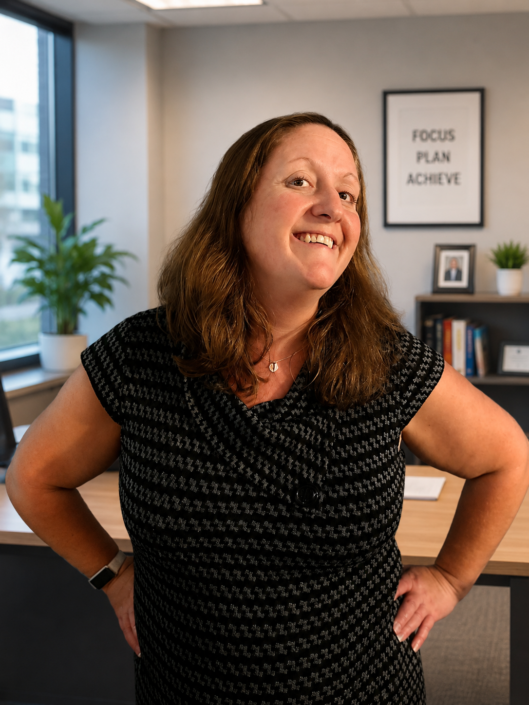 A smiling woman with shoulder-length brown hair standing in an office. She is wearing a black patterned dress and has her hands on her hips. Behind her, there is a framed motivational quote on the wall that says "Focus, Plan, Achieve," a bookshelf with books and framed photos, a potted plant, and a window with a city view.