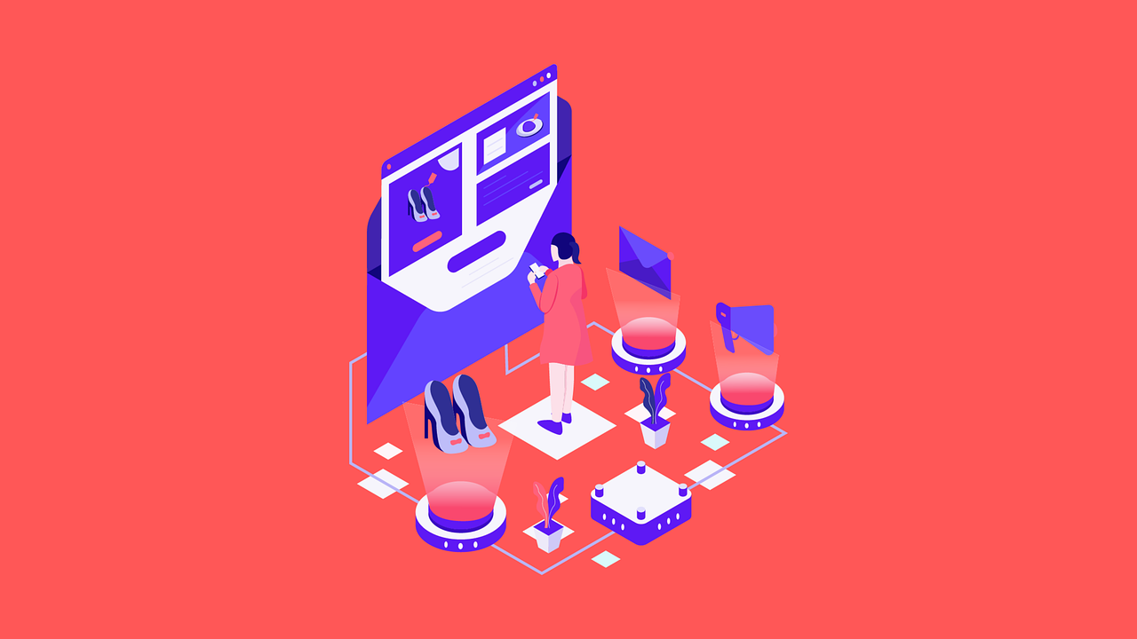 A computer-designed graphic of a woman looking at an email newsletter