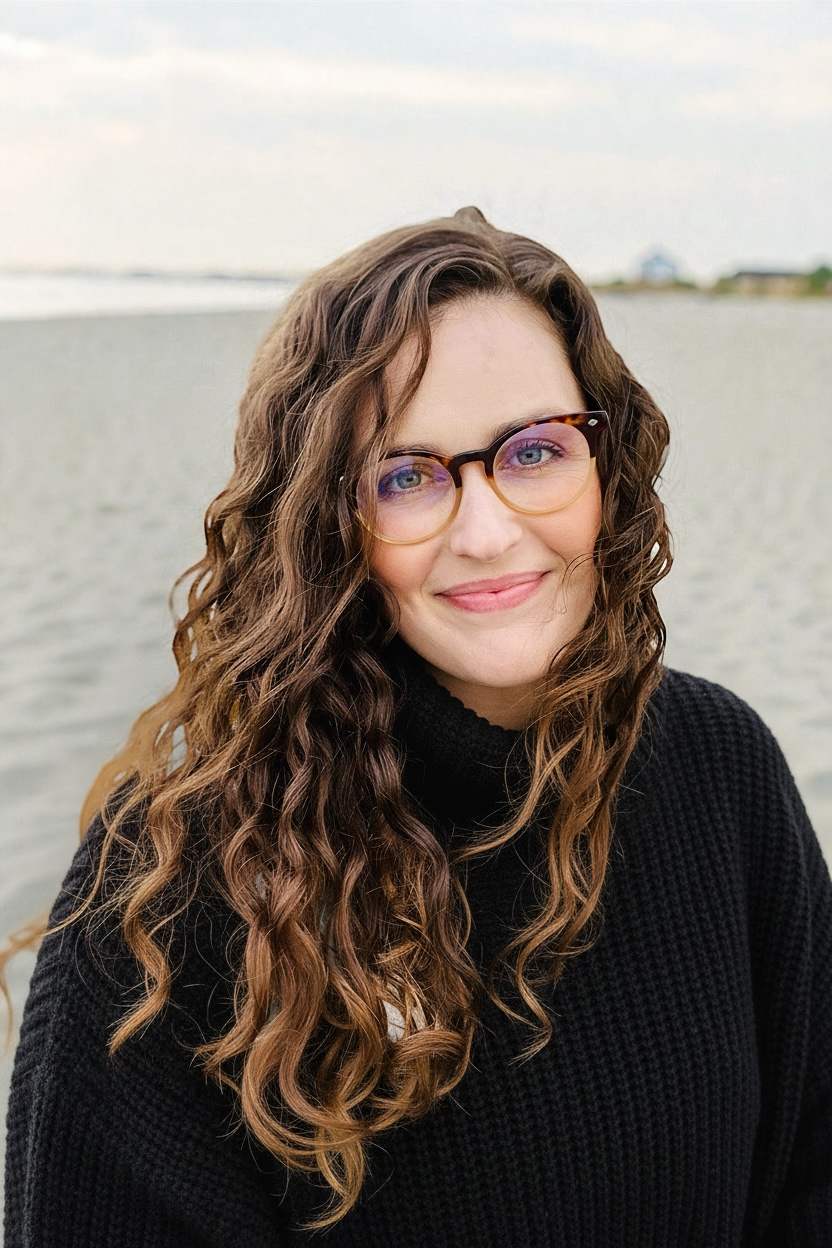 A young woman with long, curly brown hair and glasses is smiling at the camera on a beach with a cloudy sky in the background.