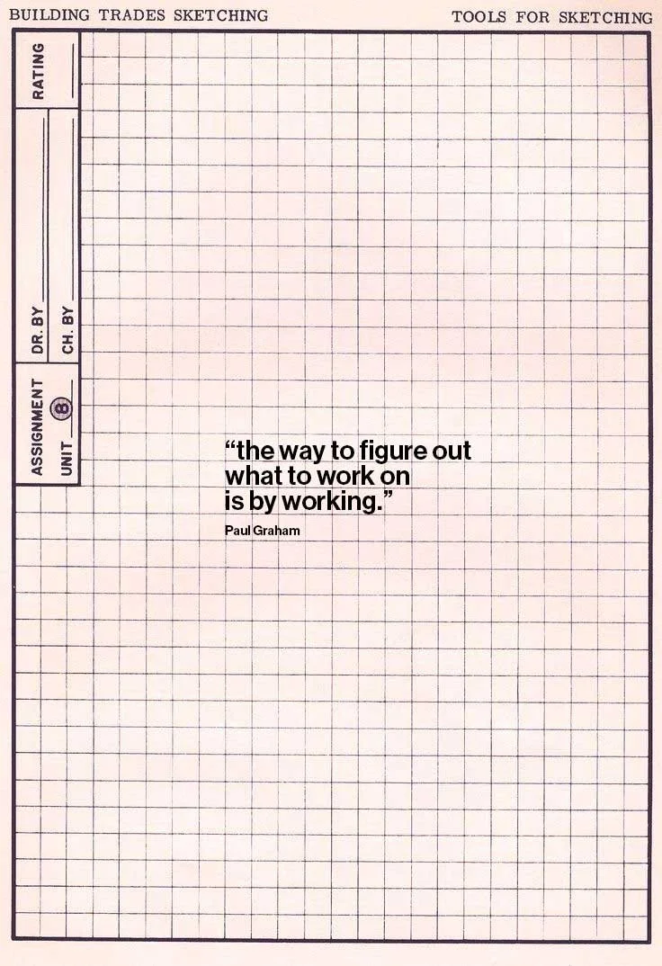 A vintage-style engineering sketchpad page with grid lines. There is a quote by Paul Graham: "the way to figure out what to work on is by working," printed in bold text in the center of the page.