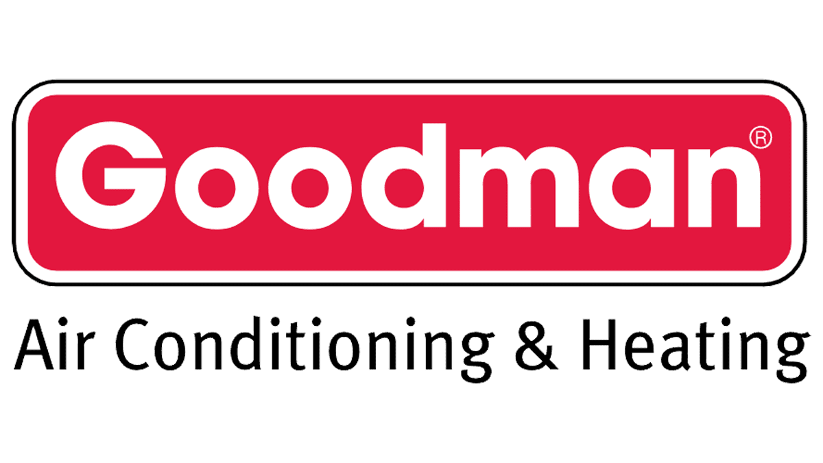 Logo for Goodman air conditioning and heating with red background and white text