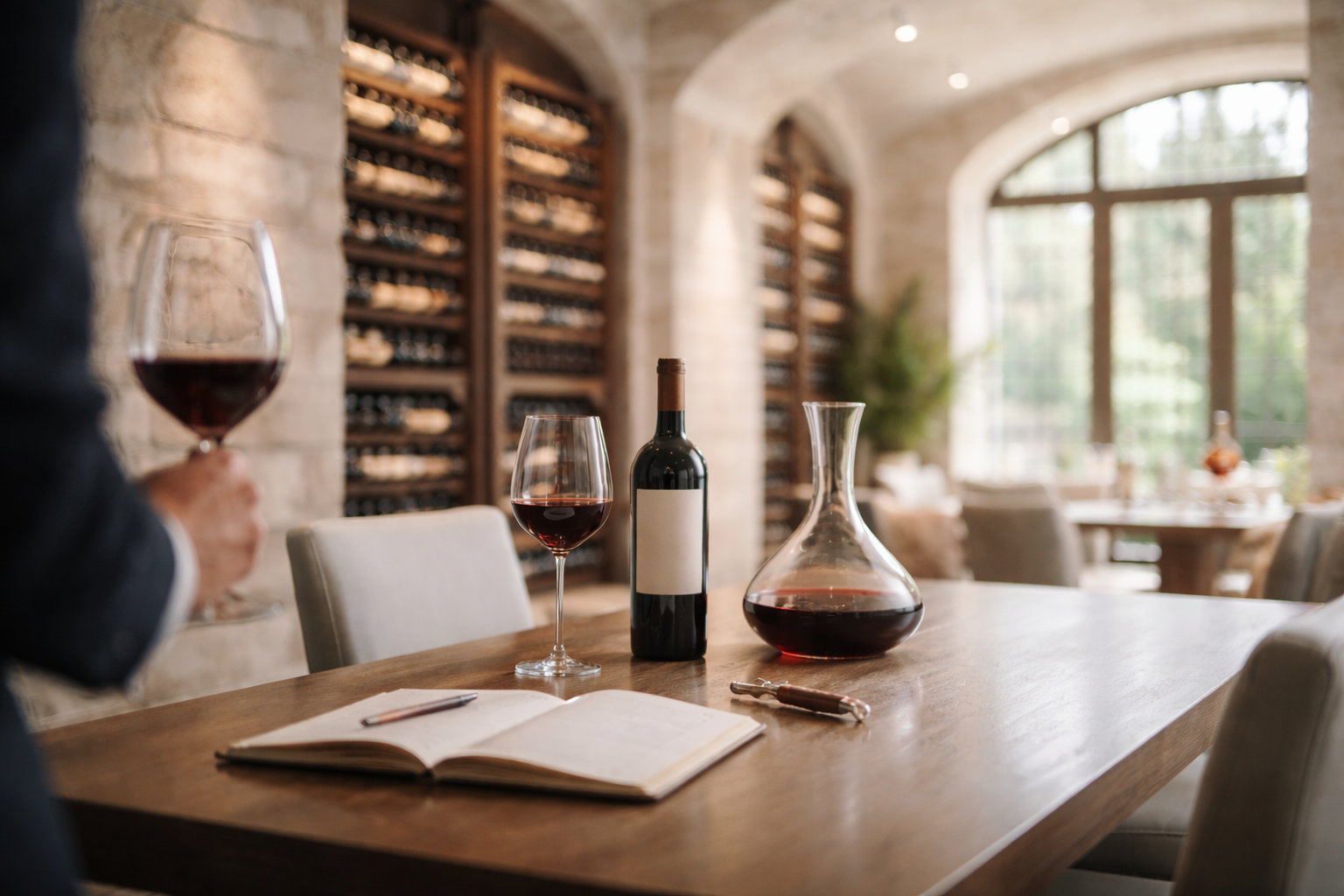 A wine tasting setup on a wooden table with a bottle of red wine, a wine decanter, and two glasses of red wine, in a cozy wine cellar or tasting room with large windows and wine racks in the background.