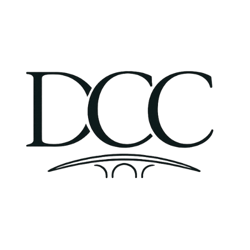 Logo with the letters 'DCC' and an elegant curved line underneath.