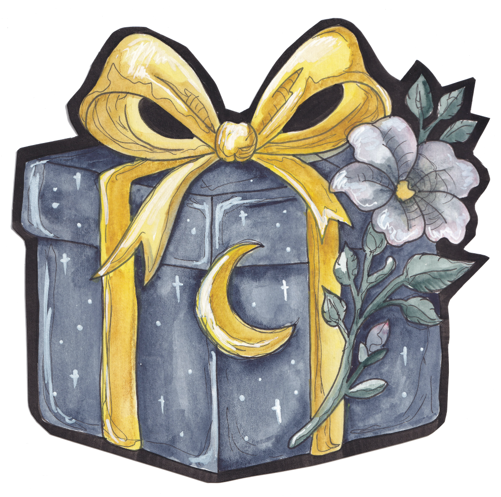 A wrapped gift box with a yellow ribbon, decorated with a crescent moon and star motifs, and adorned with a white flower and green leaves. Goth, Dark Academia, Whimsy Goth. 