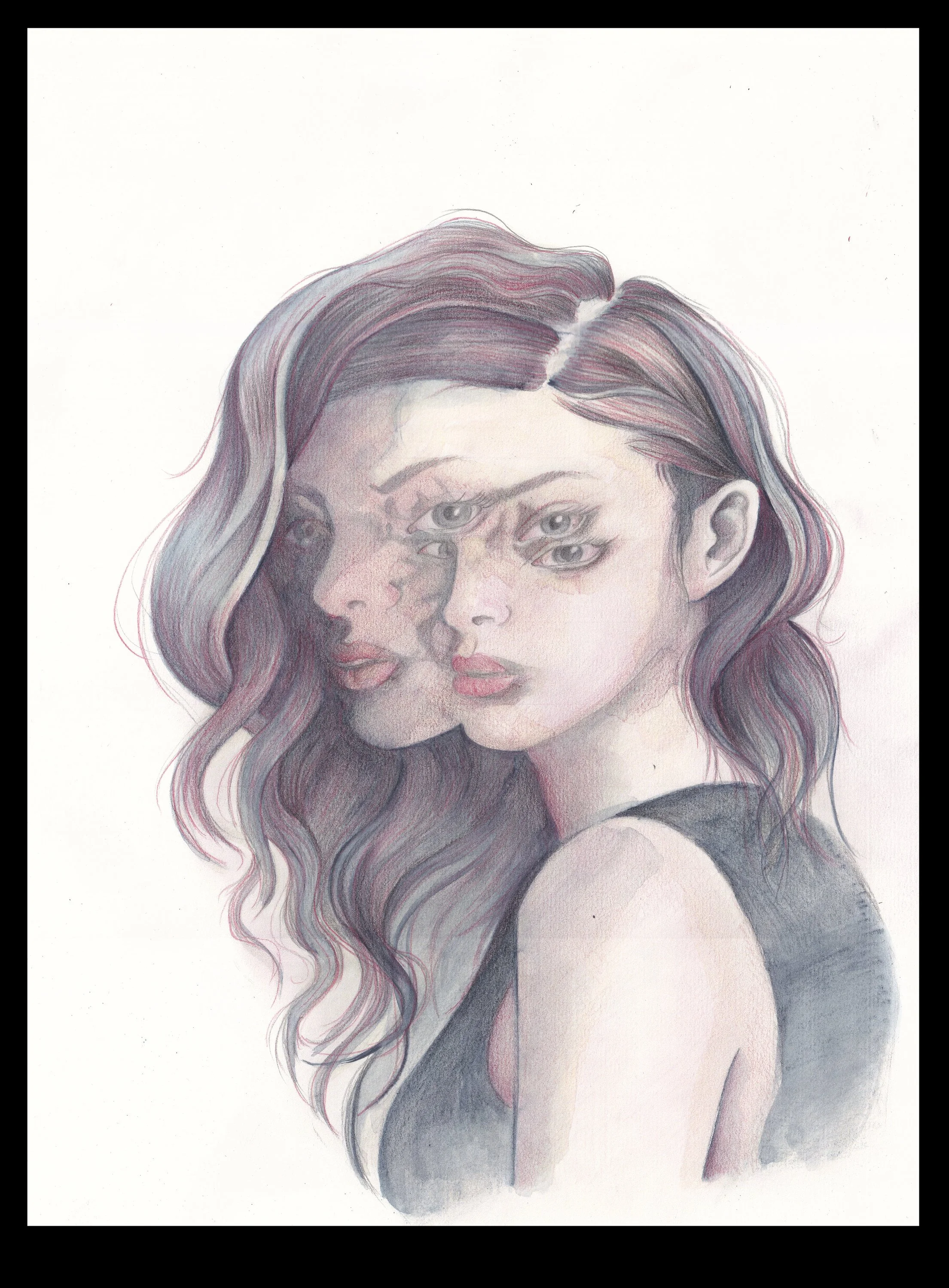 A surrealist colored pencil drawing of a woman with multiple faces and eyes layered in a distorted manner.