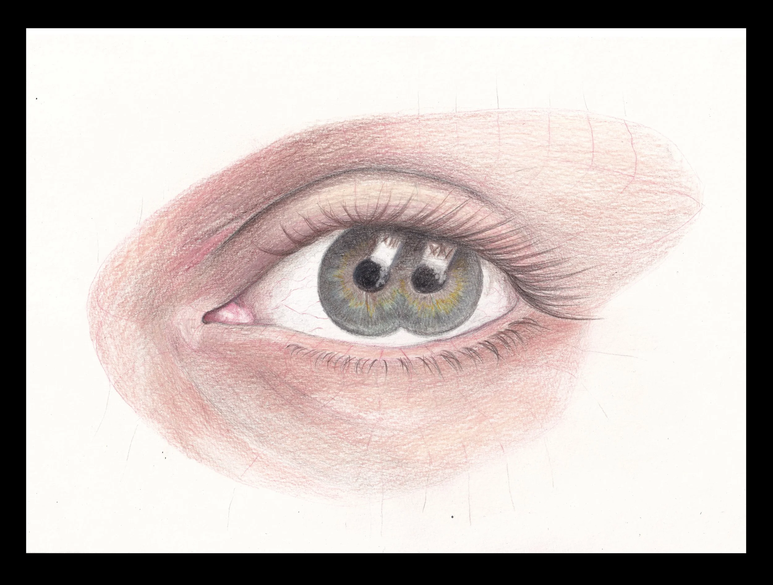 A detailed colored pencil drawing of a human eye with a gray-green iris, reflections, and subtle shading around the eyelid and lashes.
