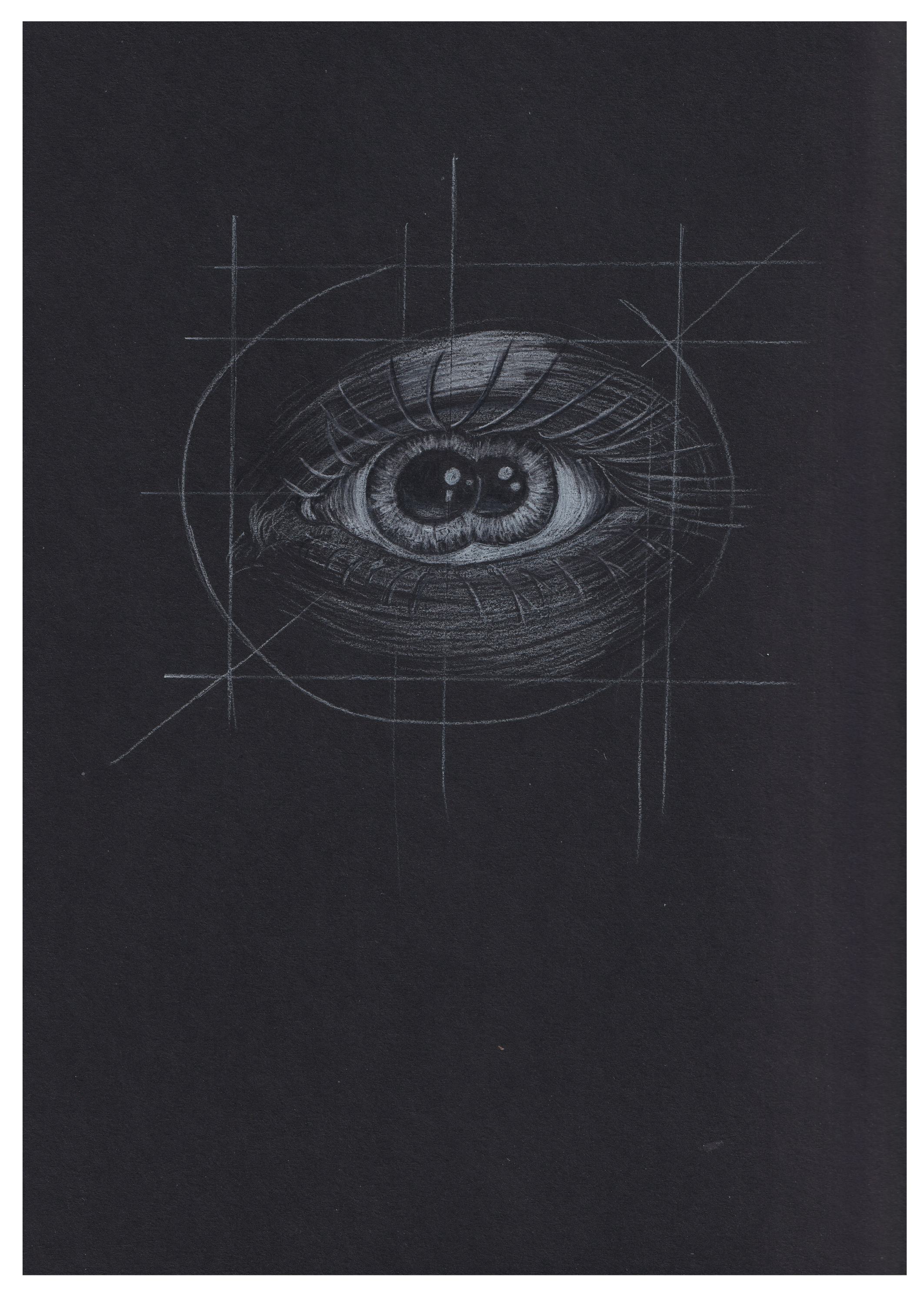 A detailed pencil drawing of an eye on black paper, surrounded by geometric lines and circles. goth, surreal.