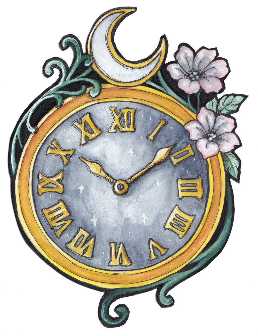 Decorative clock with Roman numerals, set at 10:10, adorned with flowers, a crescent moon, and green foliage. Goth, Dark Academia, Whimsy Goth. 
