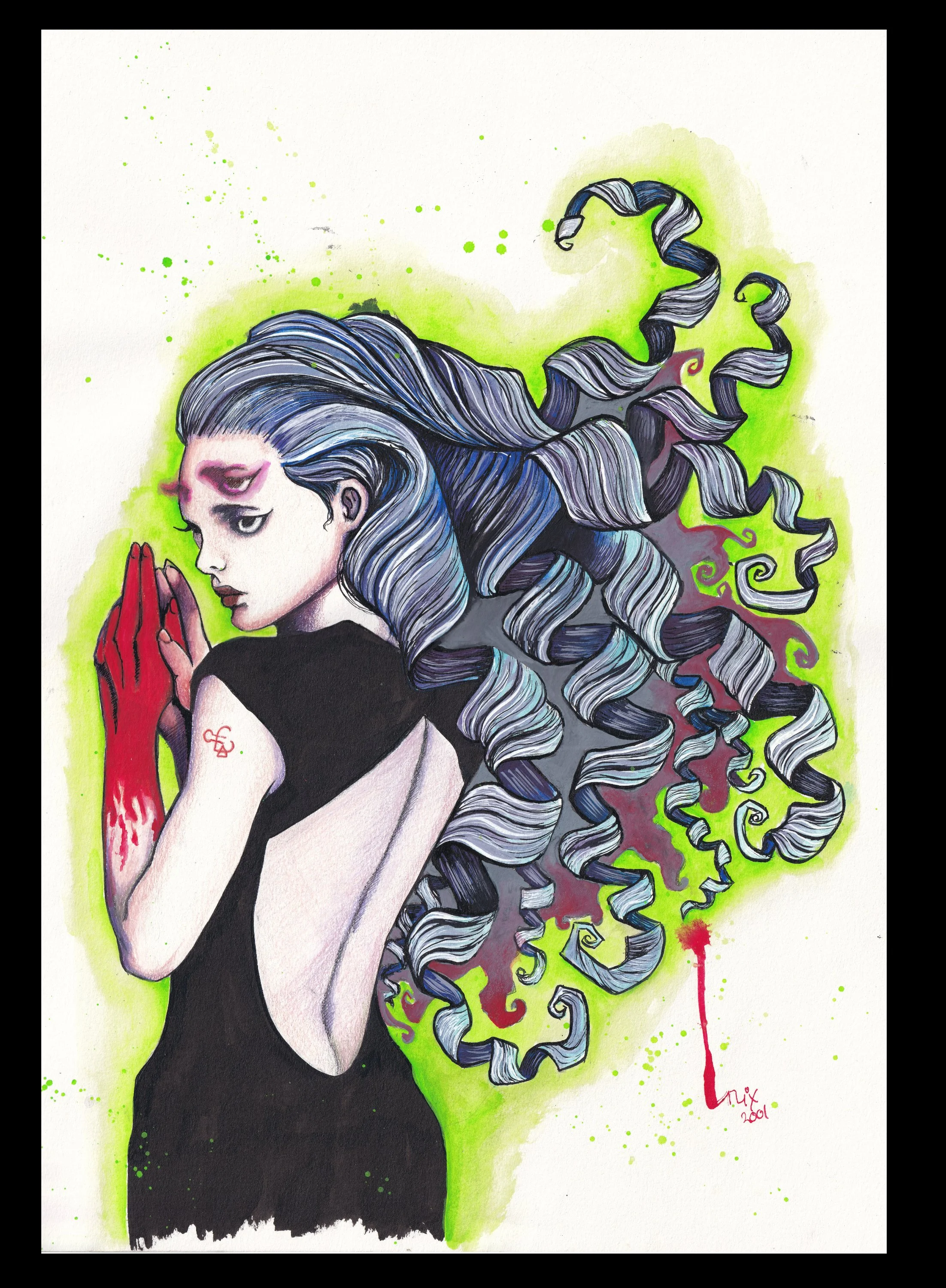 Illustration of a woman with long, flowing, curly silver hair, wearing a black dress with an open back, holding her hands together near her face. She has red gloves and a small tattoo on her upper arm. The background features a bright green glow with