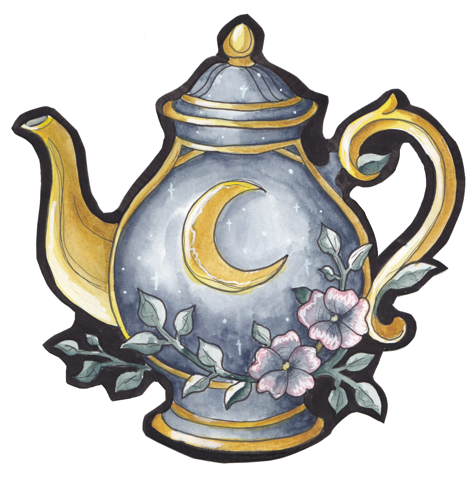 A watercolor illustration of a vintage teapot with a starry night sky design, featuring a large crescent moon and small stars, decorated with pink and purple flowers and green leaves. Goth, Dark Academia, Whimsy Goth. 