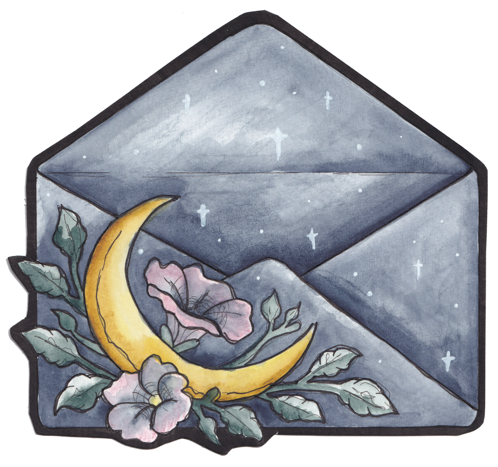 A watercolor illustration of an envelope with a moon, stars, and flowers. Goth, Dark Academia, Whimsy Goth. 