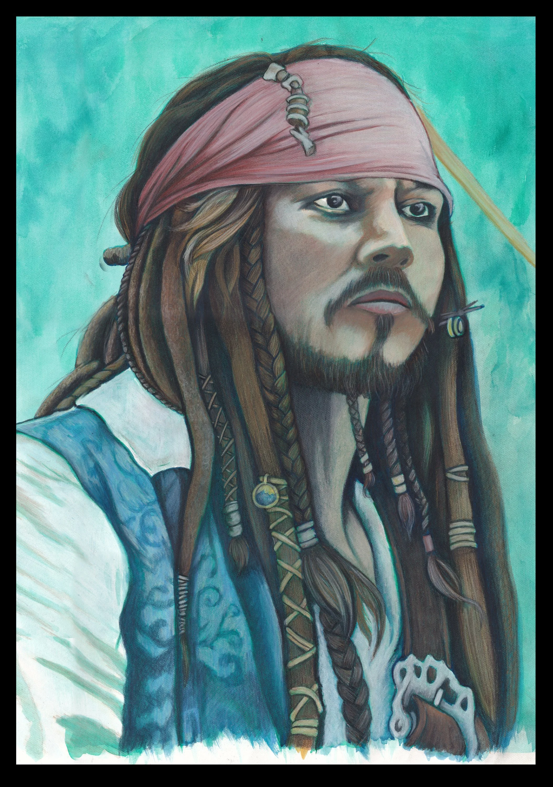 A painting of a man with long dreadlocks, a beard, and a mustache wearing a pink headband and a blue vest, with a background of solid turquoise color. Jack Sparrow, Johnny Depp, Pirates of the Caribbean. 