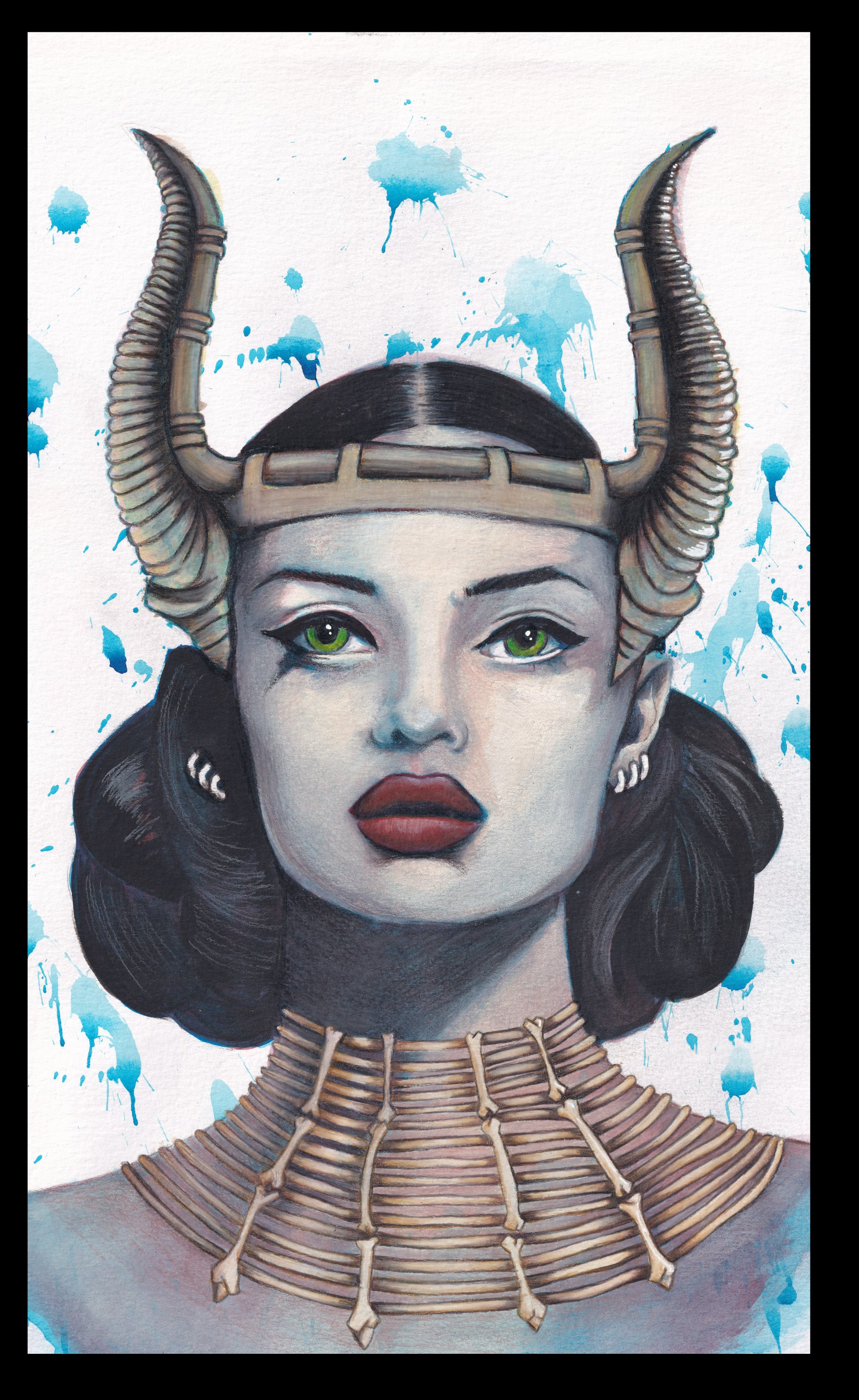 Artwork of a woman with green eyes, dark hair, and red lipstick wearing a horned headpiece and bone jewelry, with blue paint splatters in the background.