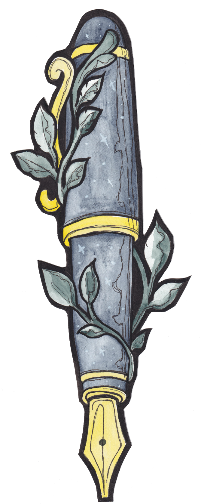 A watercolor illustration of a fountain pen with leaves growing along the barrel, featuring a dark gray and yellow colour scheme. Goth, Dark Academia, Whimsy Goth. 
