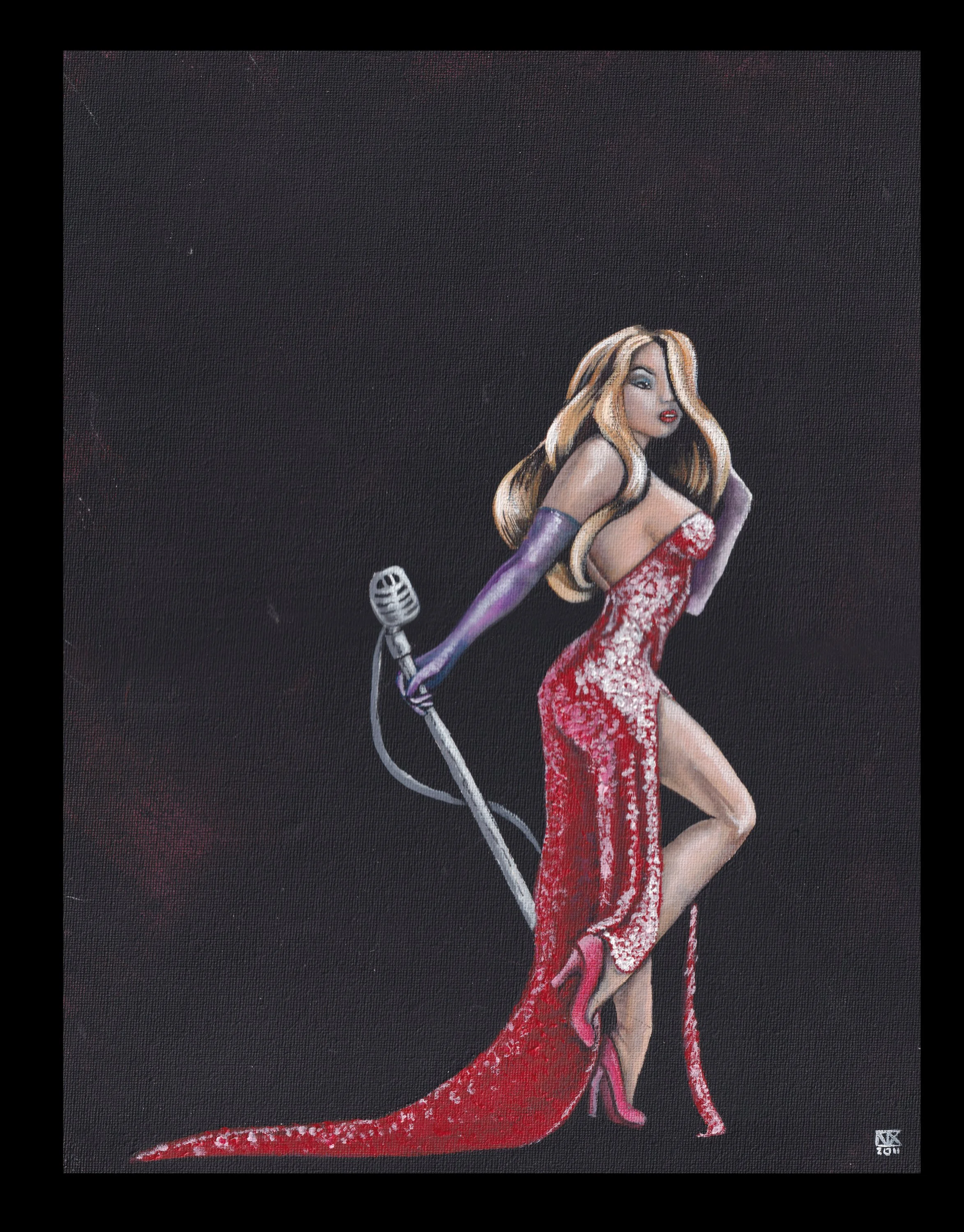 Painting of a glamorous woman in a red sequin gown with a high slit, pink high heels, and long purple gloves, holding a vintage microphone with a black background.