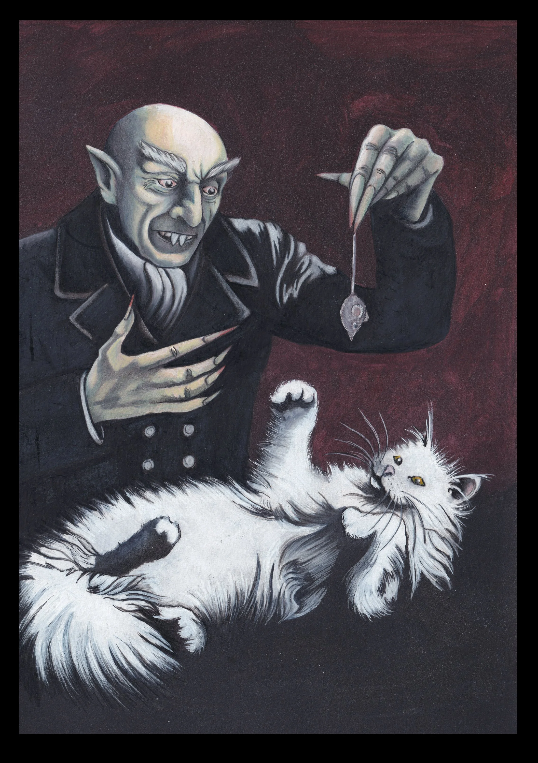 Dark, gothic-style painting of a vampire with gray skin, pointed ears, and sharp teeth, holding a pendant with a skull design above a white fluffy cat lying on its back, paw raised, against a dark red background.