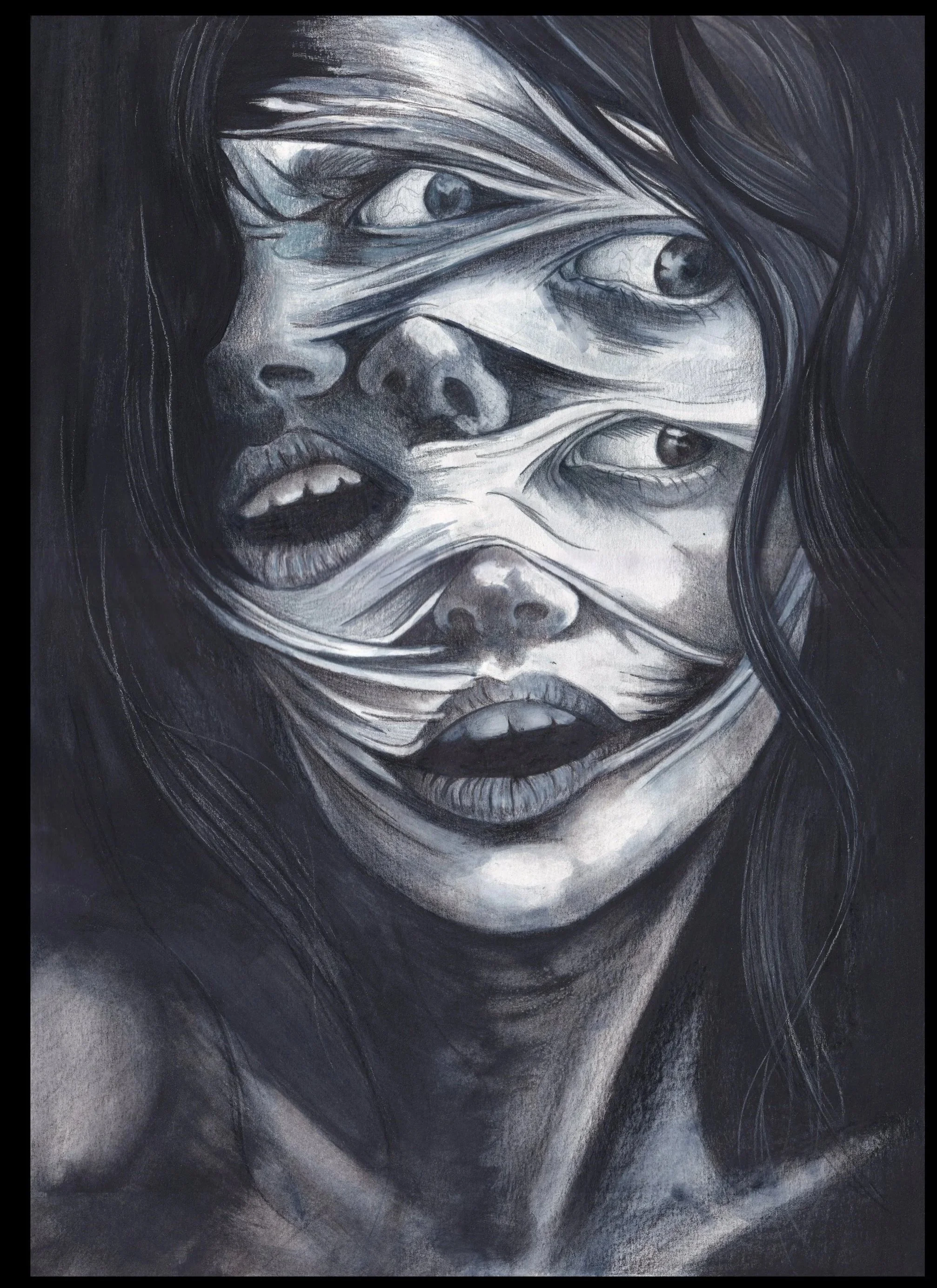 A black-and-white portrait of a woman with multiple overlapping facial features, creating a surreal and abstract effect, with flowing hair and expressive lips.