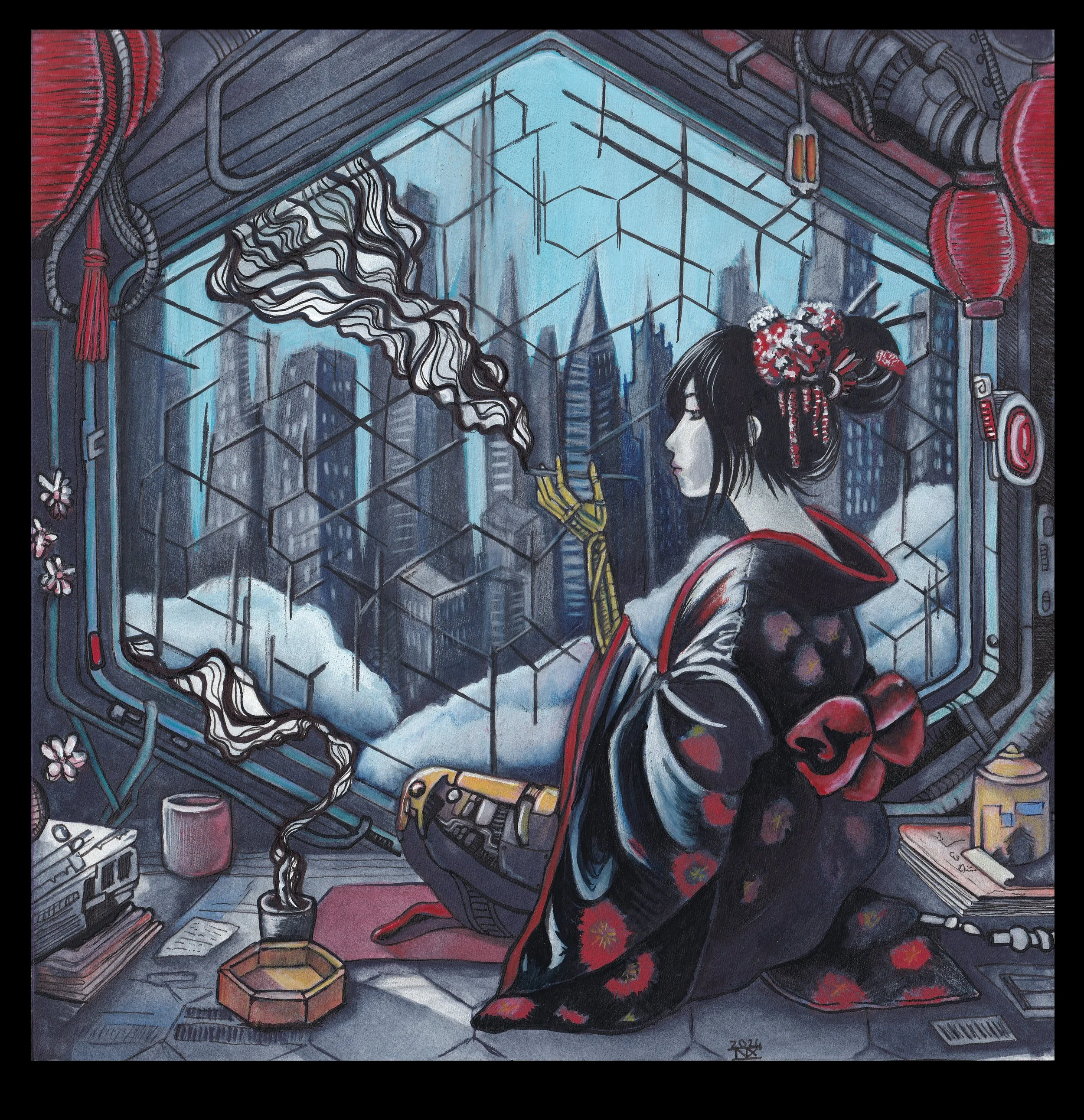 A woman dressed in a traditional kimono is sitting in a futuristic room, smoking a cigarette and looking out a large window at a cityscape with tall buildings. The room has various electronic devices, a skateboard, and decorative elements like red la