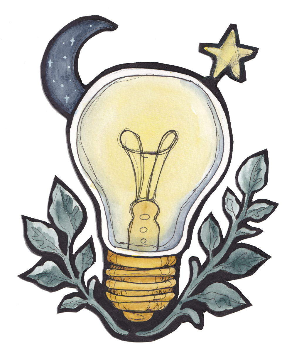Illustration of a light bulb with leaves around it, a moon, and a star in the background, blending natural and creative elements. Goth, Dark Academia, Whimsy Goth. 